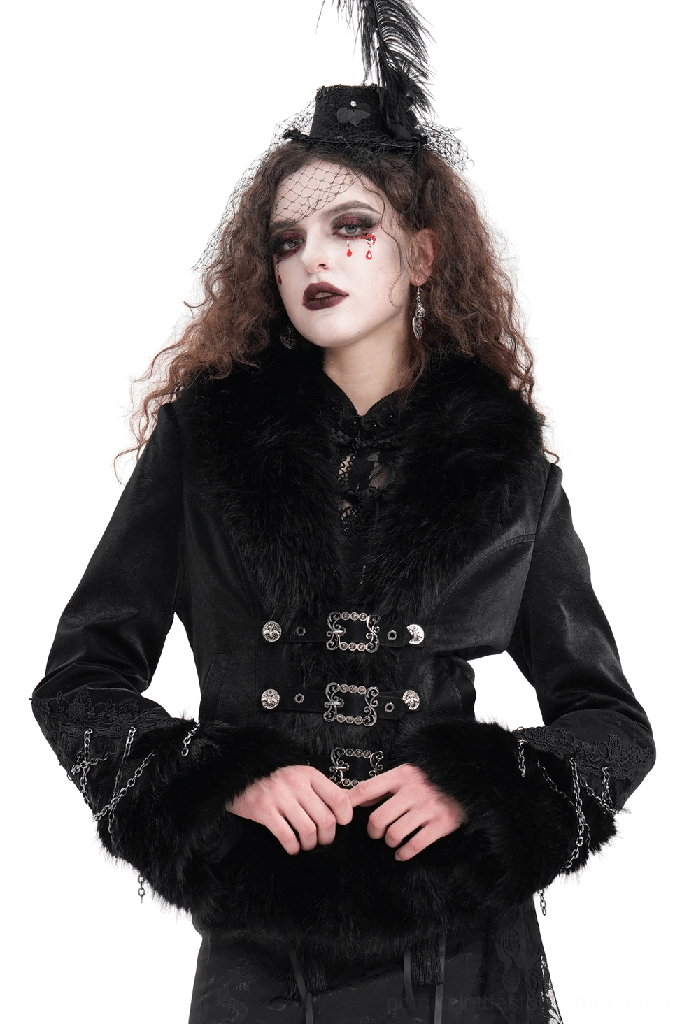 Black Victorian Gothic jacket with faux fur collar and chain buckles - front view on model with dramatic goth makeup