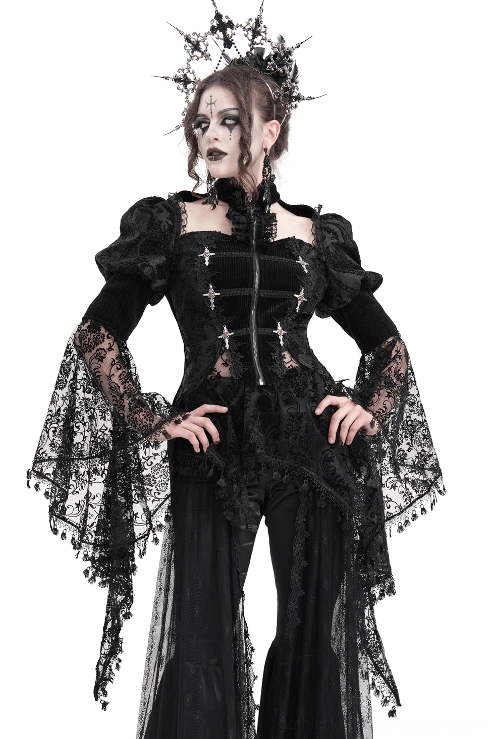 Black Victorian gothic lace corset blouse with bell sleeves and cross zipper fasteners, front full-body view on goth model with crown