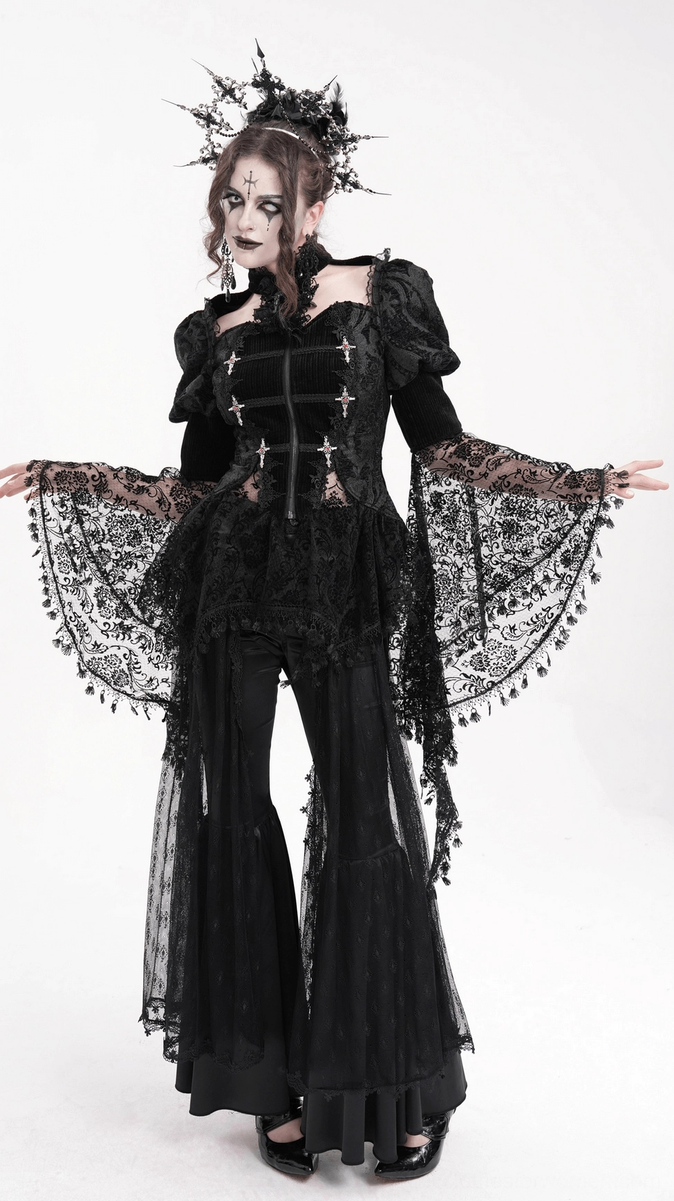 Black Victorian gothic lace blouse full product display on mannequin