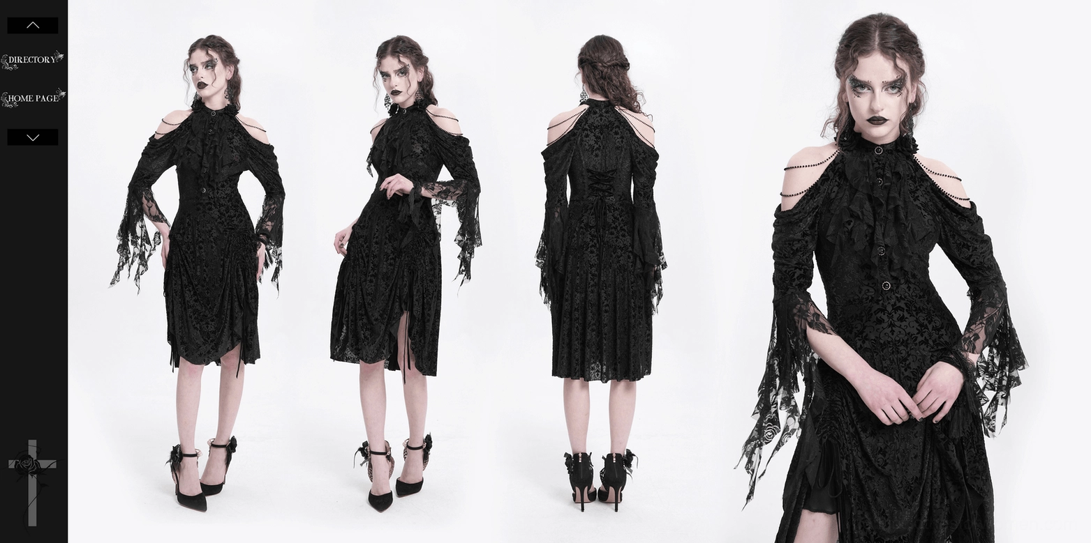 Complete styling view of black Victorian gothic lace dress with all distinctive design features