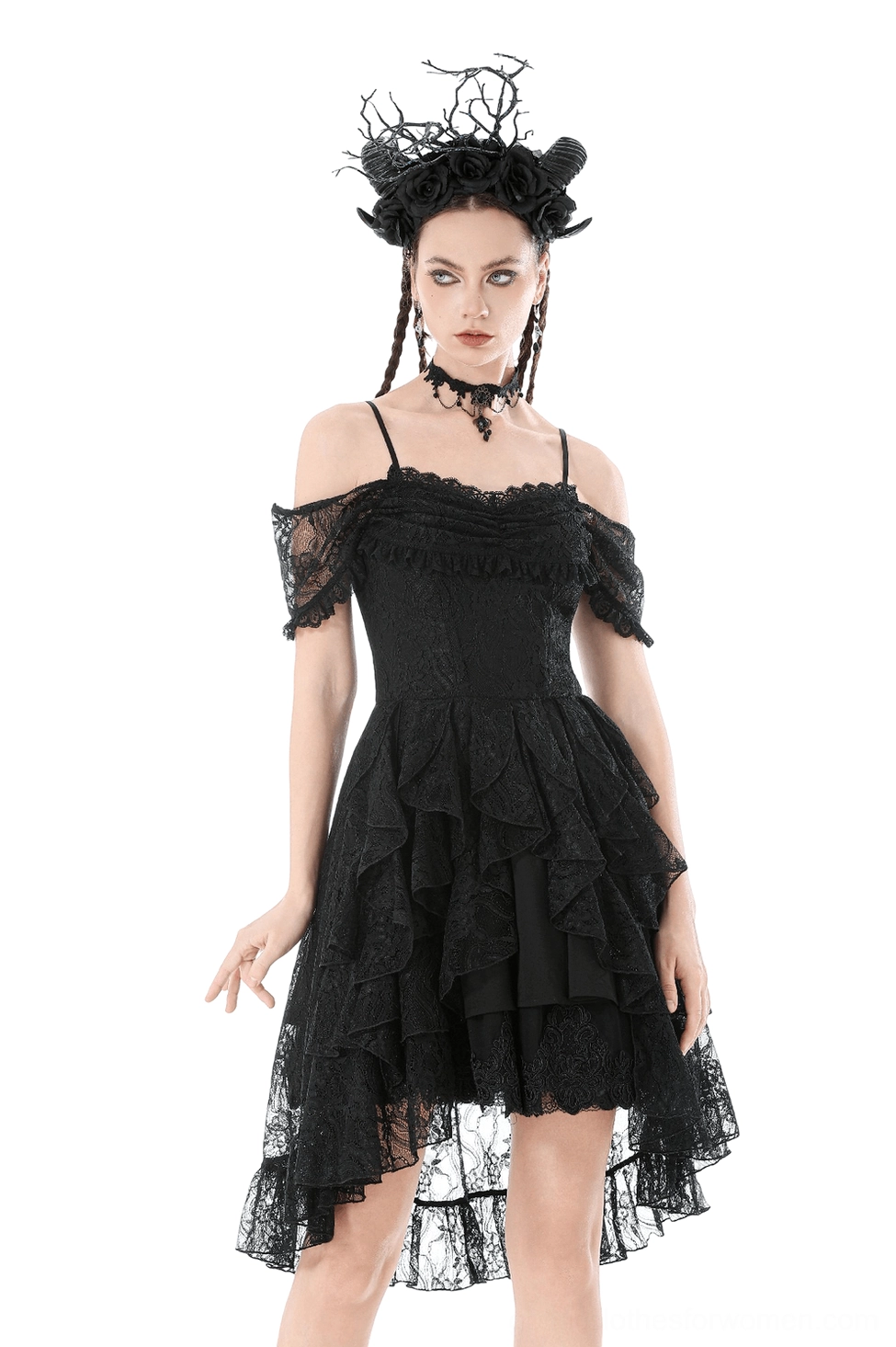 Black Victorian gothic high-low lace dress with off-shoulder flutter sleeves and asymmetrical sheer hem, front full-body view