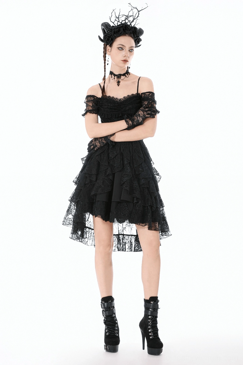 Black Victorian gothic lace party dress alternative angle, showcasing sweetheart bodice and asymmetrical sheer hem construction