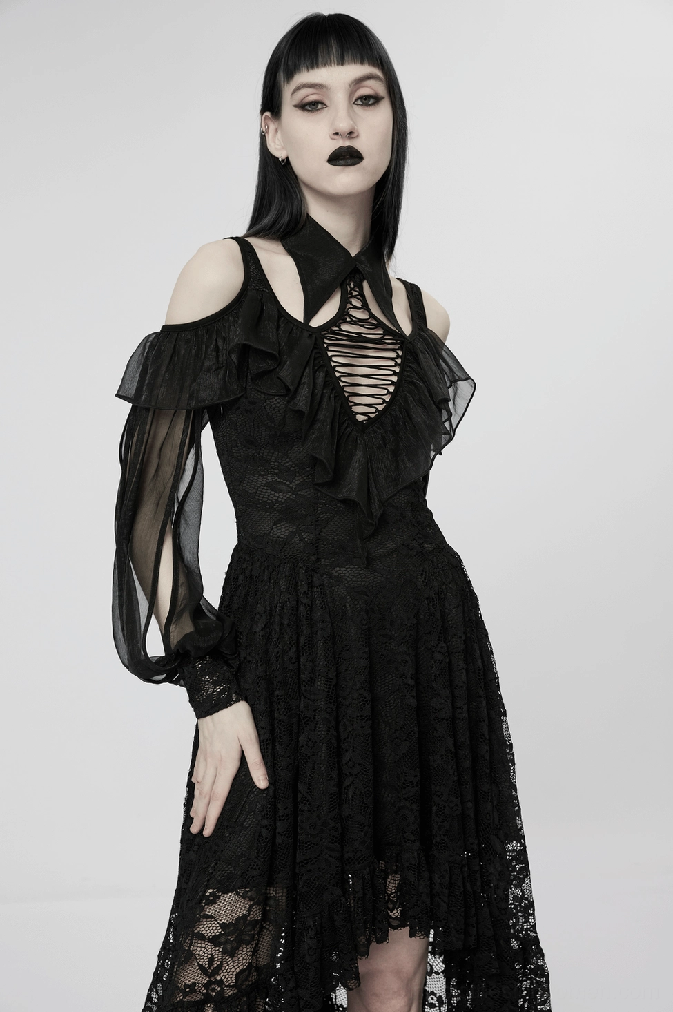 Black Victorian-inspired gothic lace maxi dress full-length front view, cold-shoulder design, elegant evening wear