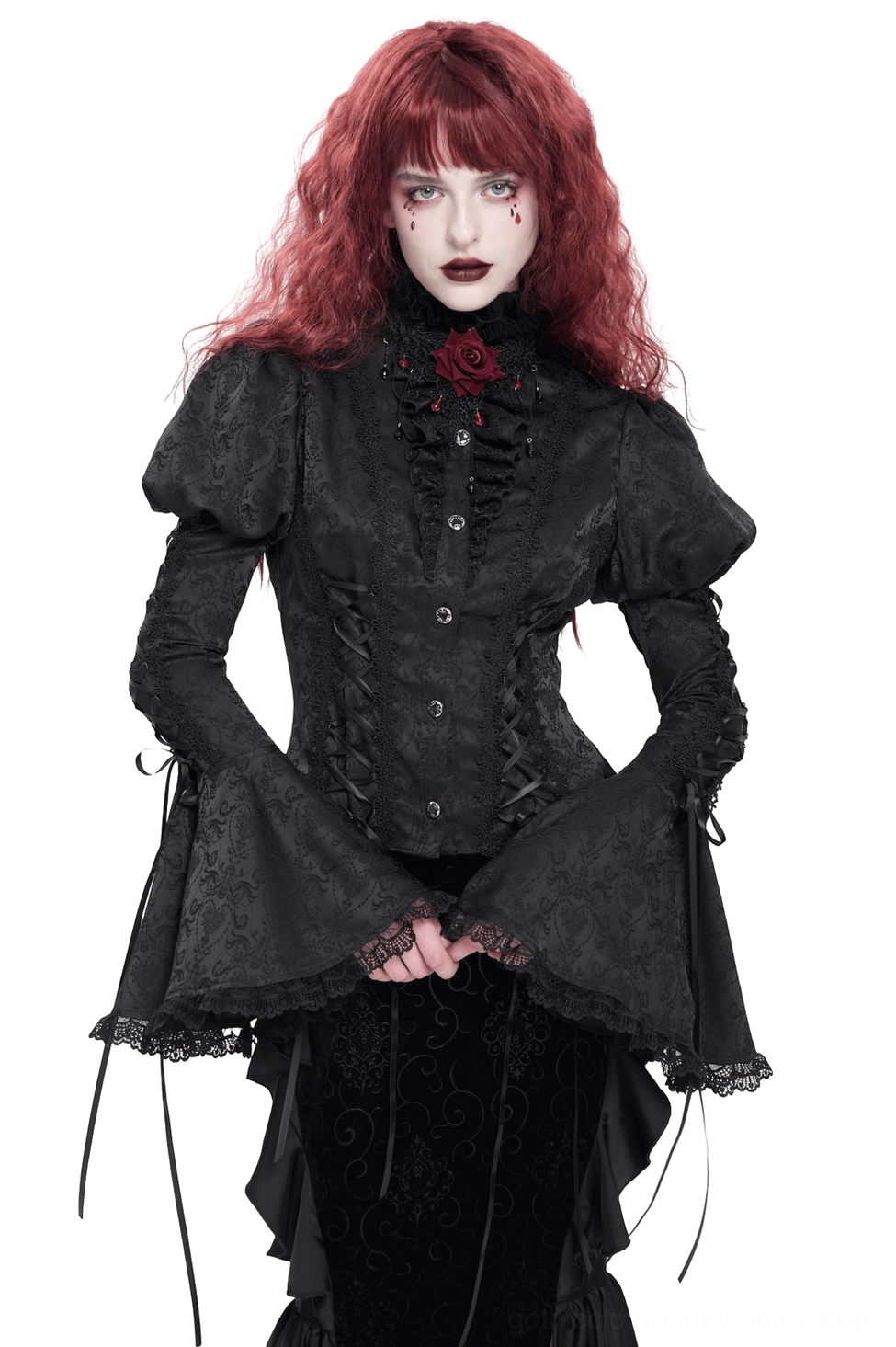 Black Victorian Gothic Lace-Up Bell Sleeve Blouse Front View - Red-Haired Model in Studio