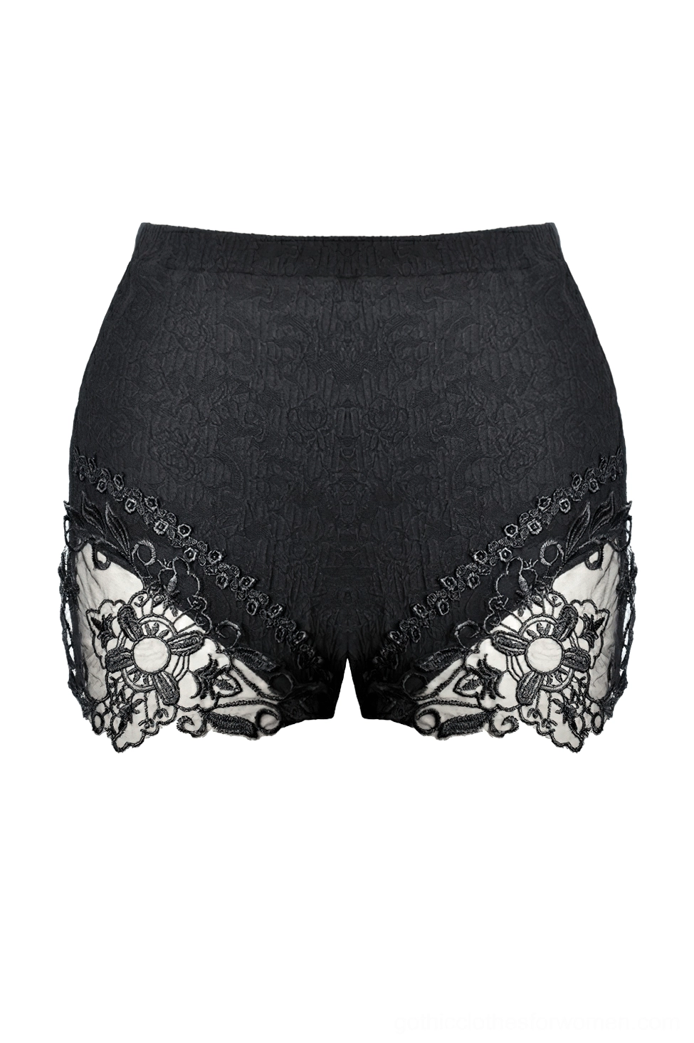 Black Victorian high-waist gothic shorts with floral lace embroidery and sheer mesh panels - front view flat lay
