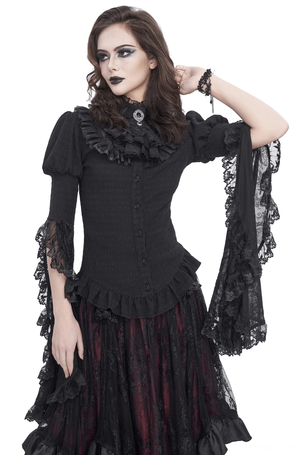 Black Victorian lace blouse with dramatic ruffled stand collar and flared bell sleeves, front view on model