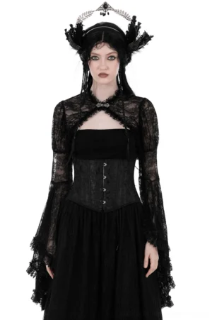 Black Victorian lace bolero shrug full-body front view on female model wearing gothic styling, showing flared sleeves and cropped silhouette against white studio background