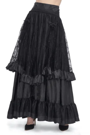 Black Victorian gothic maxi skirt with tiered ruffles and lace overlay, front quarter view showing dramatic ruffle hem and floral lace details