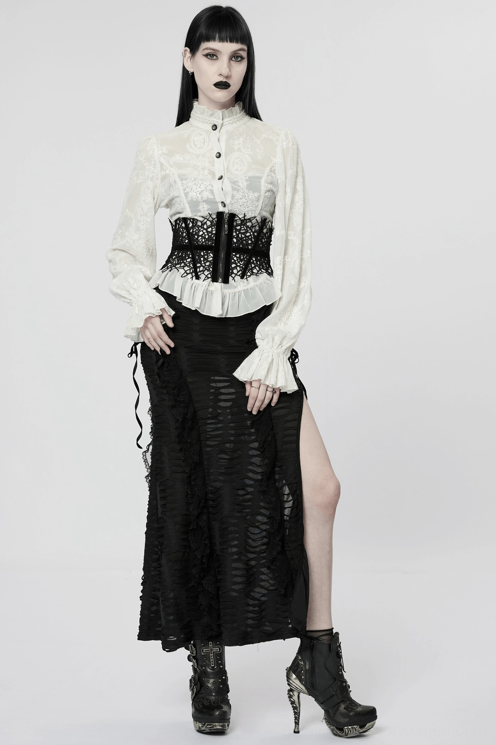 Black vine lace corset belt front view on model showing complete metal zipper, mesh structure, and gothic design