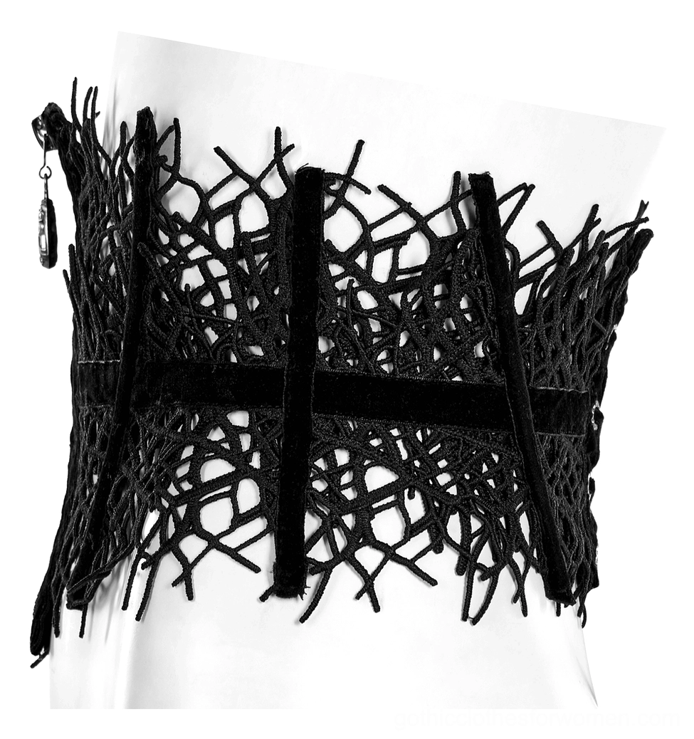 Front flat lay of black vine lace corset belt showing transparent mesh pattern with metal zipper and velvet trim