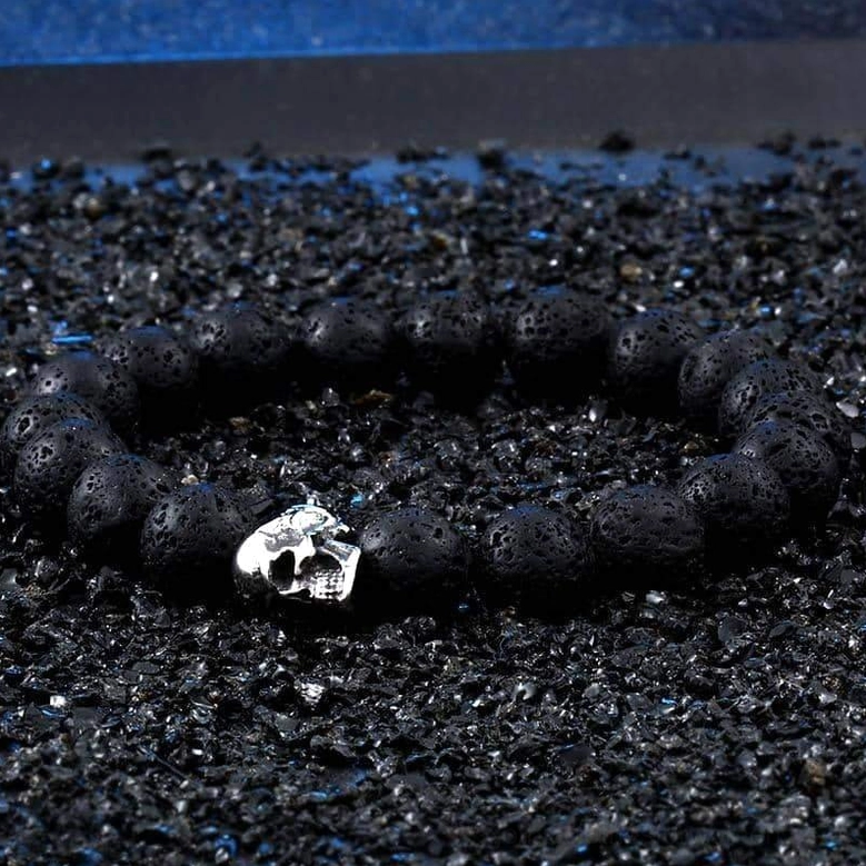Black volcanic lava stone skull bracelet - 10mm porous beads with polished stainless steel skull charm