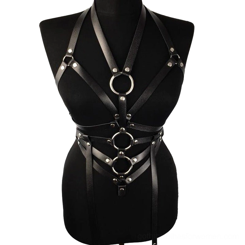 Black leather waist and chest harness on dress form, multi-layer metal O-ring design structure