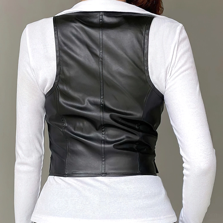 Black leather cropped gothic waistcoat neckline detail, deep V and button arrangement showcase