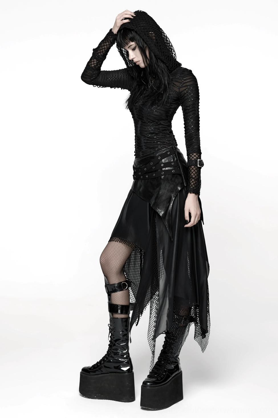 Black wasteland gothic skirt showing faux leather draping and mesh integration