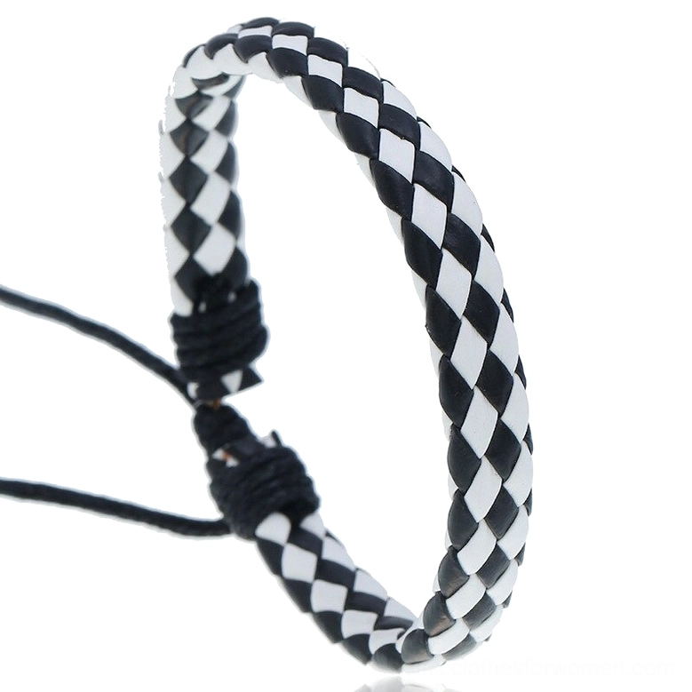 Black and white checkerboard braided leather gothic bracelet, handcrafted punk style with adjustable cord