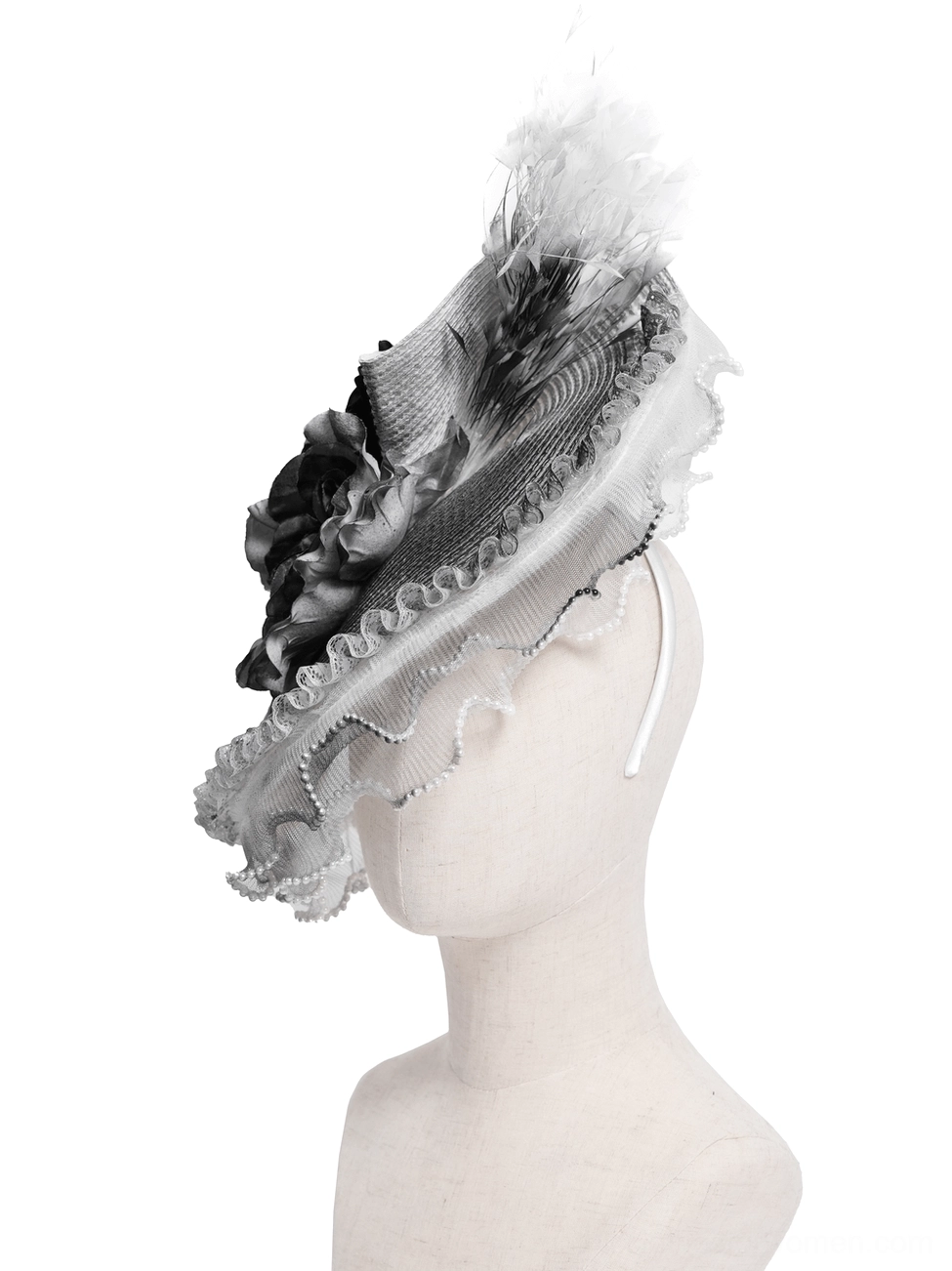 Headband-style black gothic fascinator hat side view with feather and flower details in monochrome tones