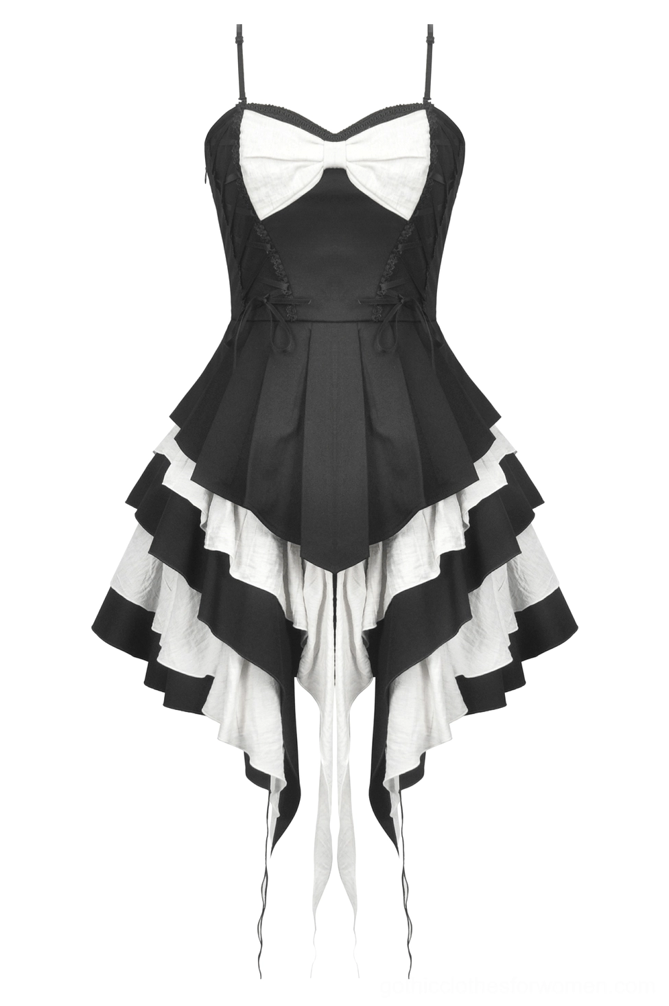 Flat lay front view black and white gothic ruffled dress with white bow and lace-up corset detail