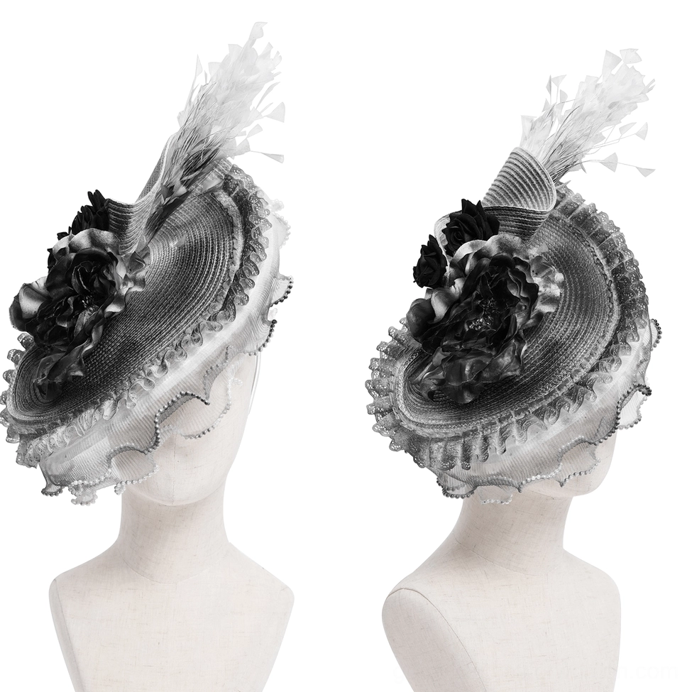 Matching black and white gothic fascinator hats on mannequin heads showing unified design from multiple angles