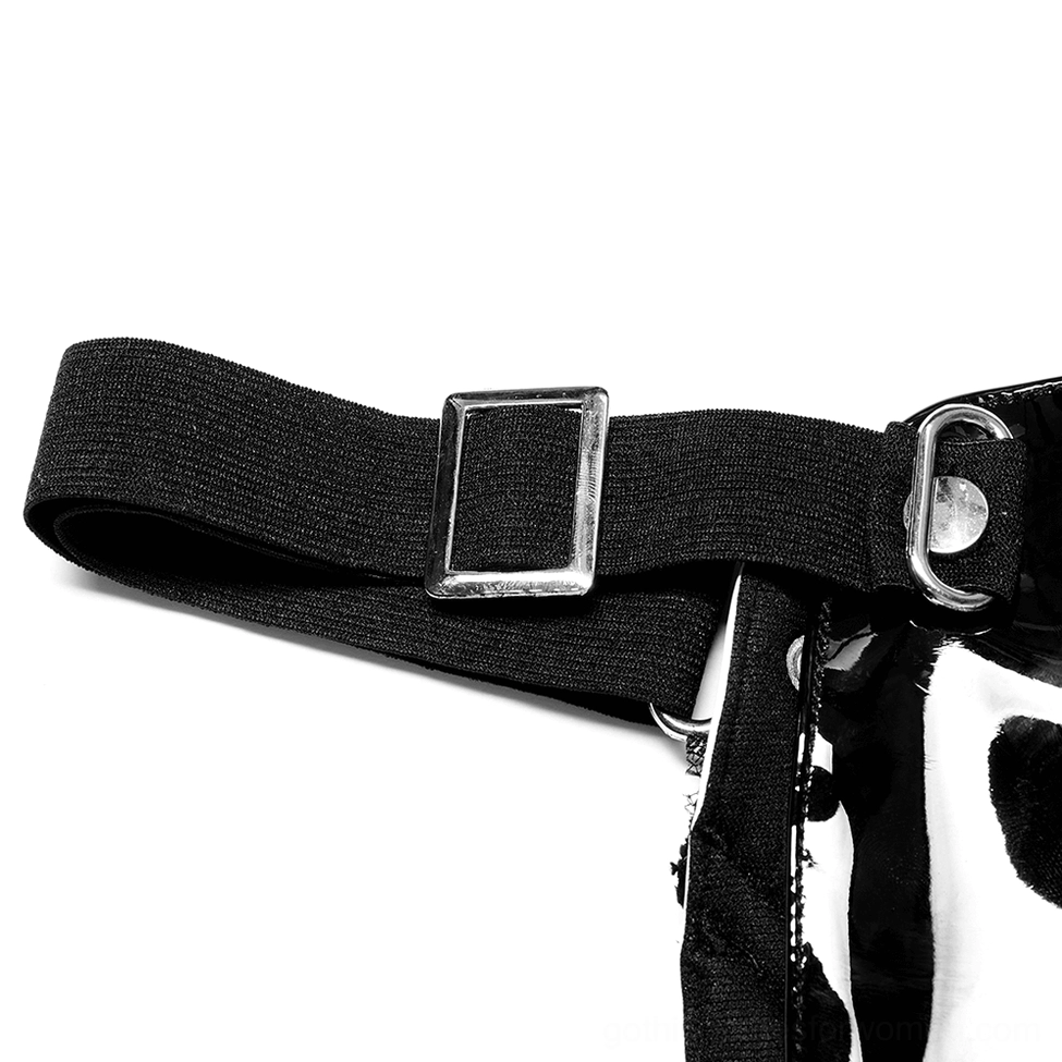 Black and white gothic patent leather lace mask full product shot, theatrical two-tone design alternative fashion