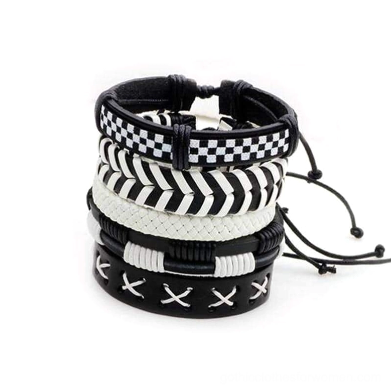 Black and white gothic leather bracelet set of 5 pieces featuring geometric patterns including cross-stitch and chevron designs
