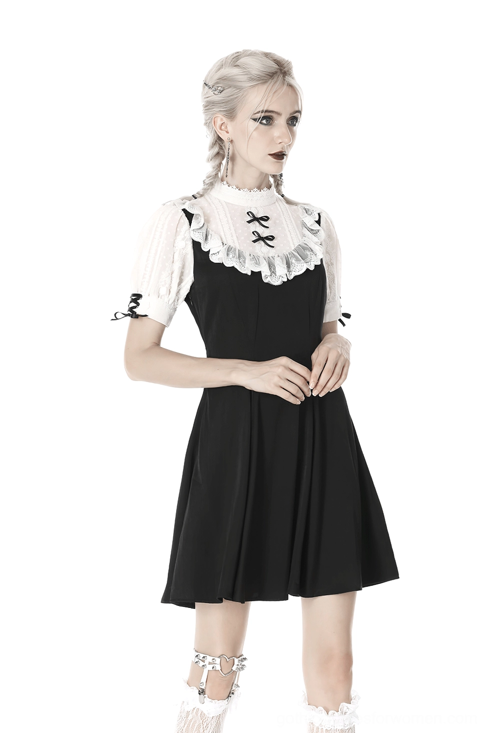 Black and white Gothic Lolita midi dress showing overall silhouette and design proportions