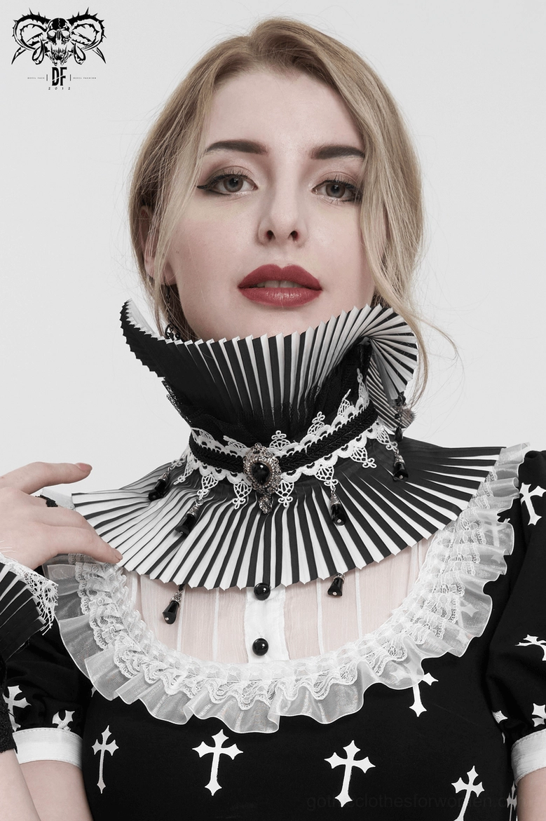 Main product view of black and white pleated gothic stand collar with complete beaded lace and tassel embellishment