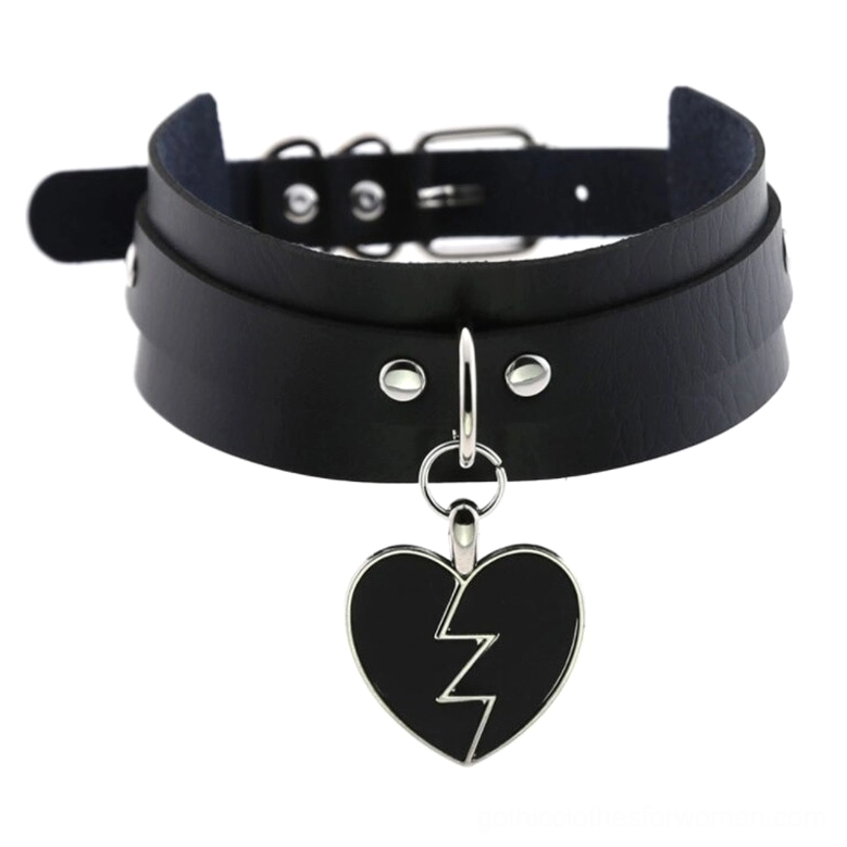 Black and white split fractured heart pendant on leather gothic choker necklace