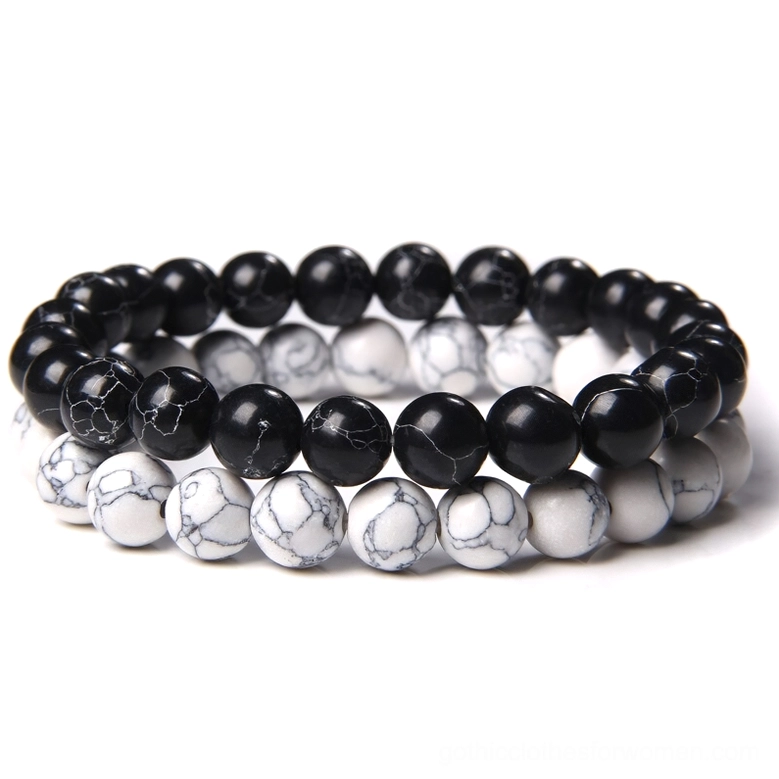 Black and white veined natural stone beaded bracelet, dual-strand gothic minimalist design, flat lay overhead view