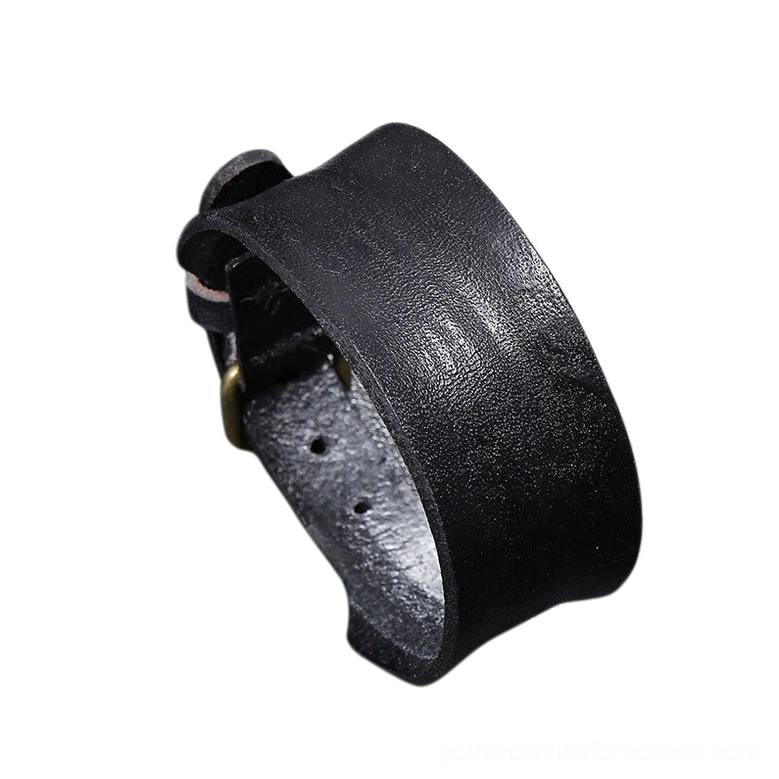 Black wide leather gothic bracelet with adjustable metal buckle, matte cowhide texture side view
