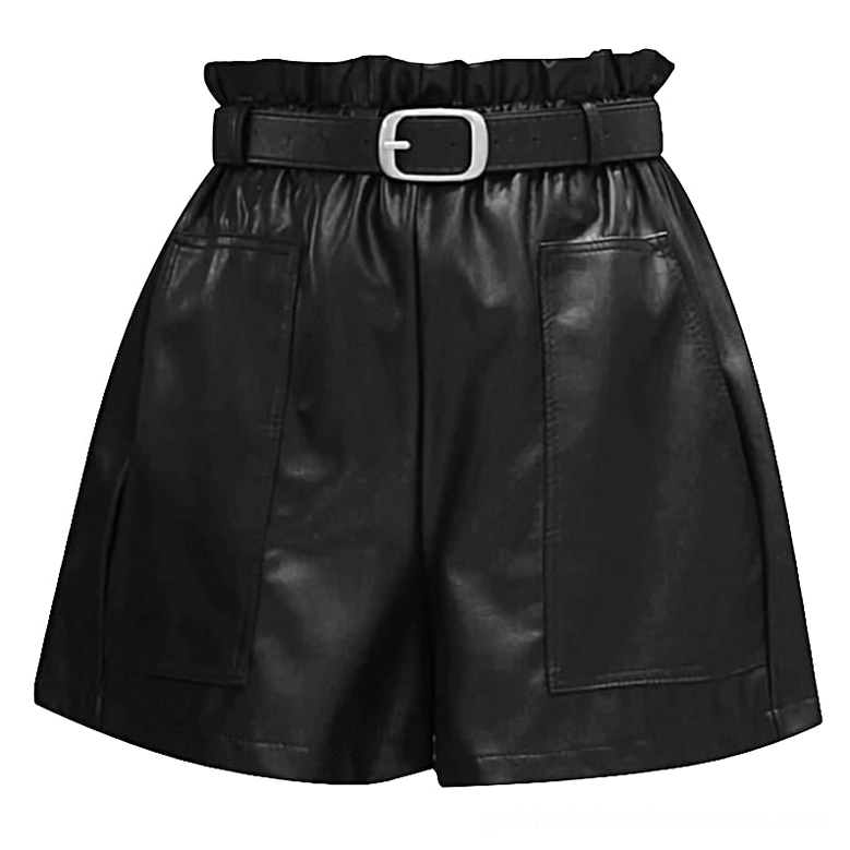 Black faux leather high-waist shorts with paperbag waist and patch pockets, flat lay front view