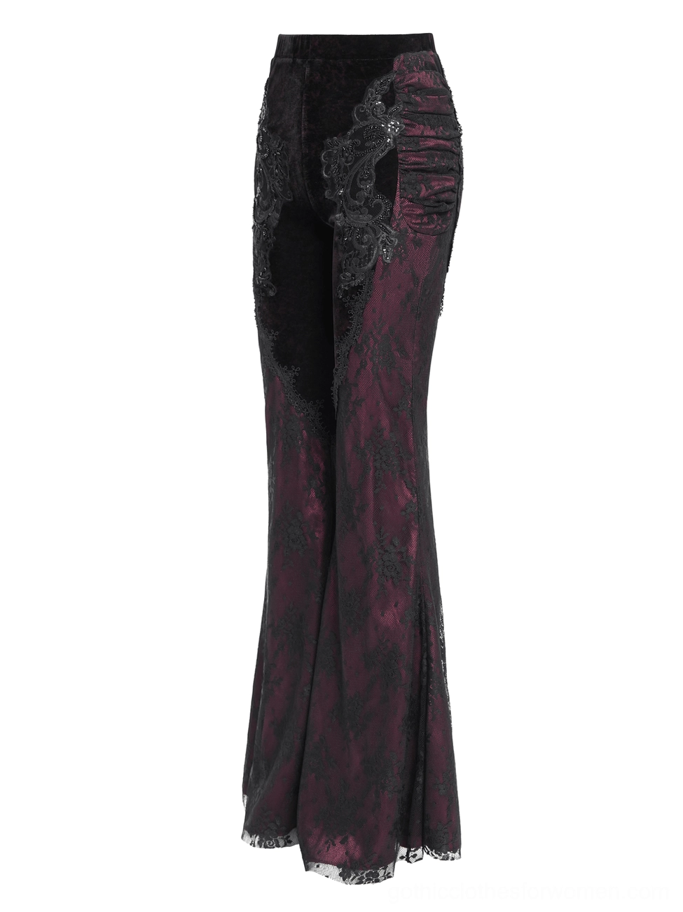 Side flat lay view of black velvet and wine-red lace gothic flare pants with embroidered appliqué and dramatic flared hem