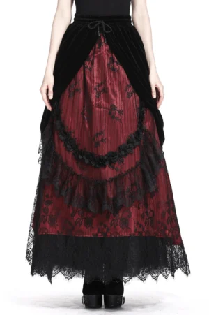 Black and wine red gothic maxi skirt with velvet waist overlay and layered lace, front full-body view on model