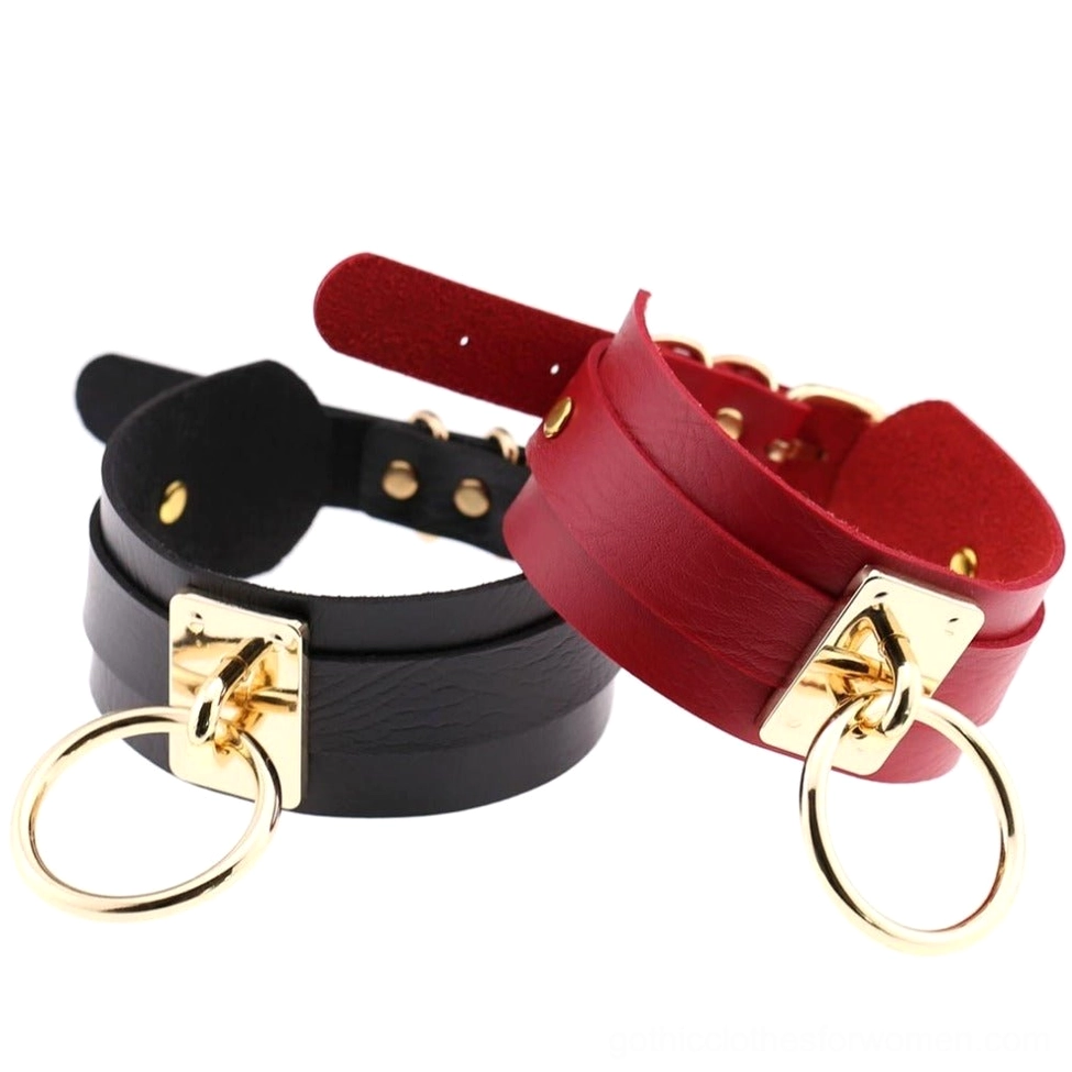 Black and wine red PU leather bondage chokers with gold tone metal rings, gothic choker comparison view