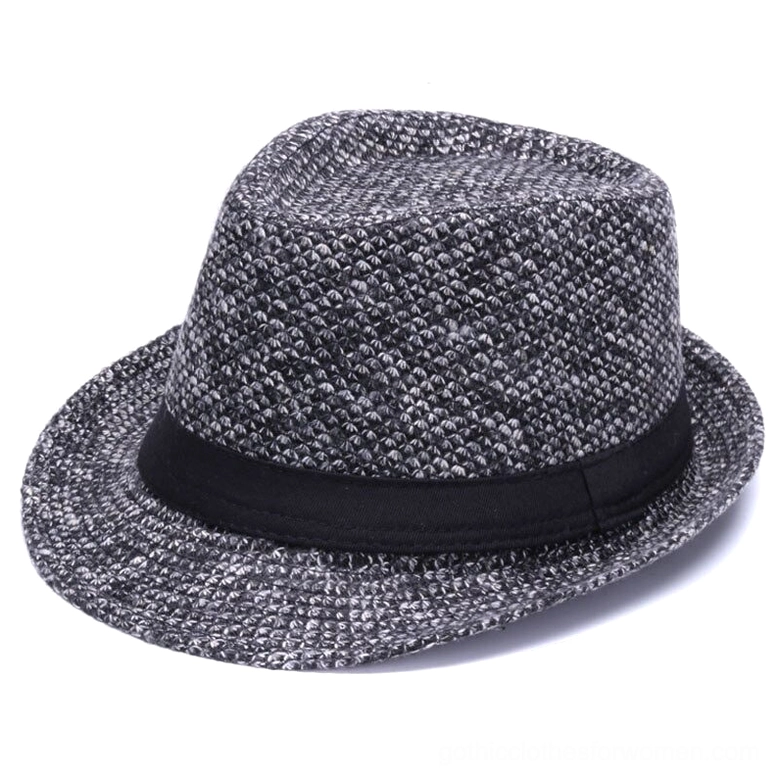 Black wool fedora hat with black ribbon band, three-quarter side view showing textured fabric and structured brim