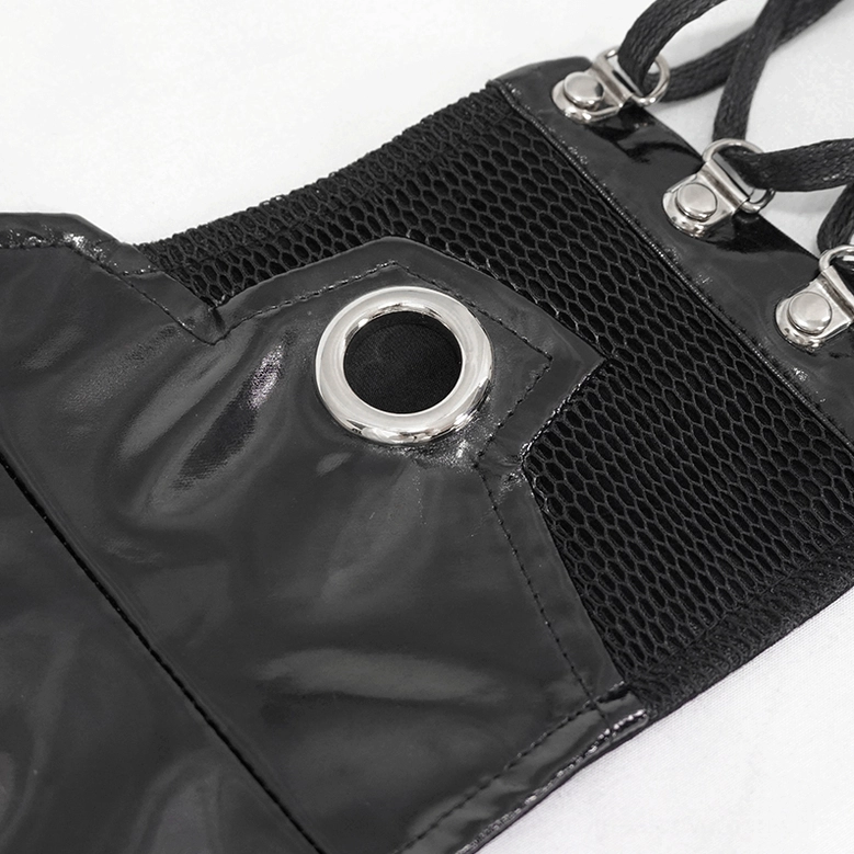Black woven faux leather gothic corset belt with industrial rivet detailing and mesh panels, product showcase