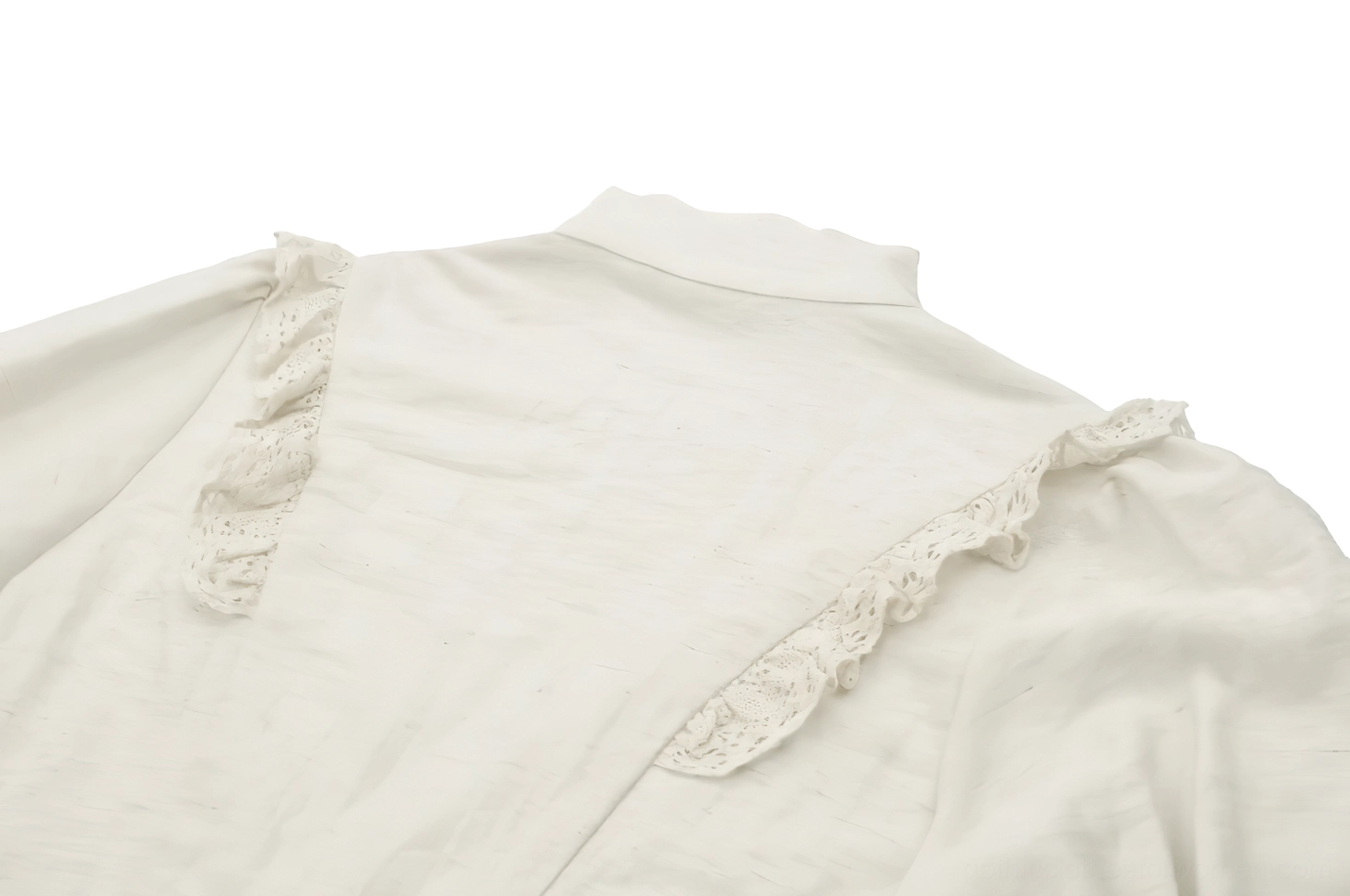 Back shoulder neck detail of victorian blouse showing lace trim and structured mock high neckline