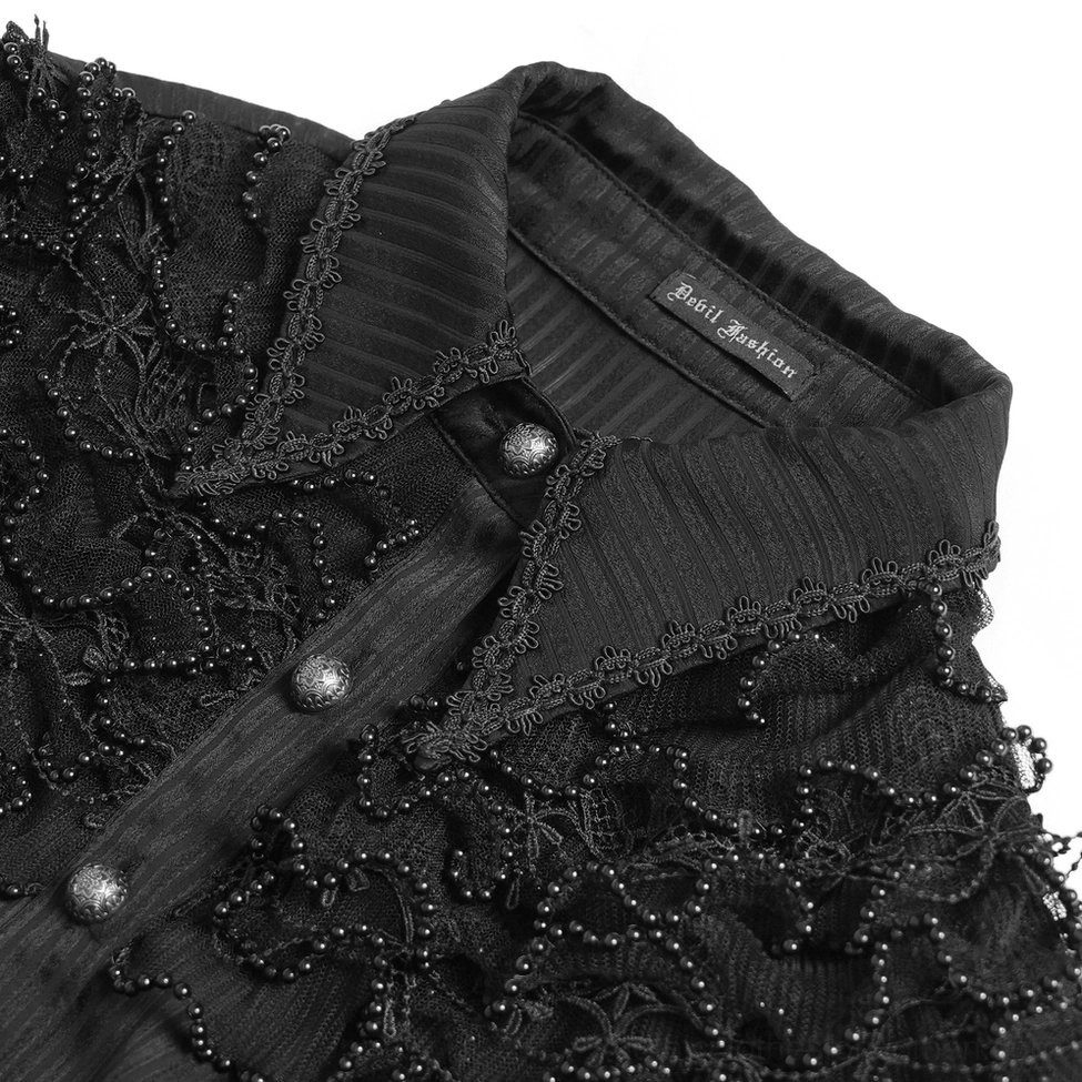 Close-up detail of Victorian blouse collar showing beaded lace trim, branded label, and metal front buttons