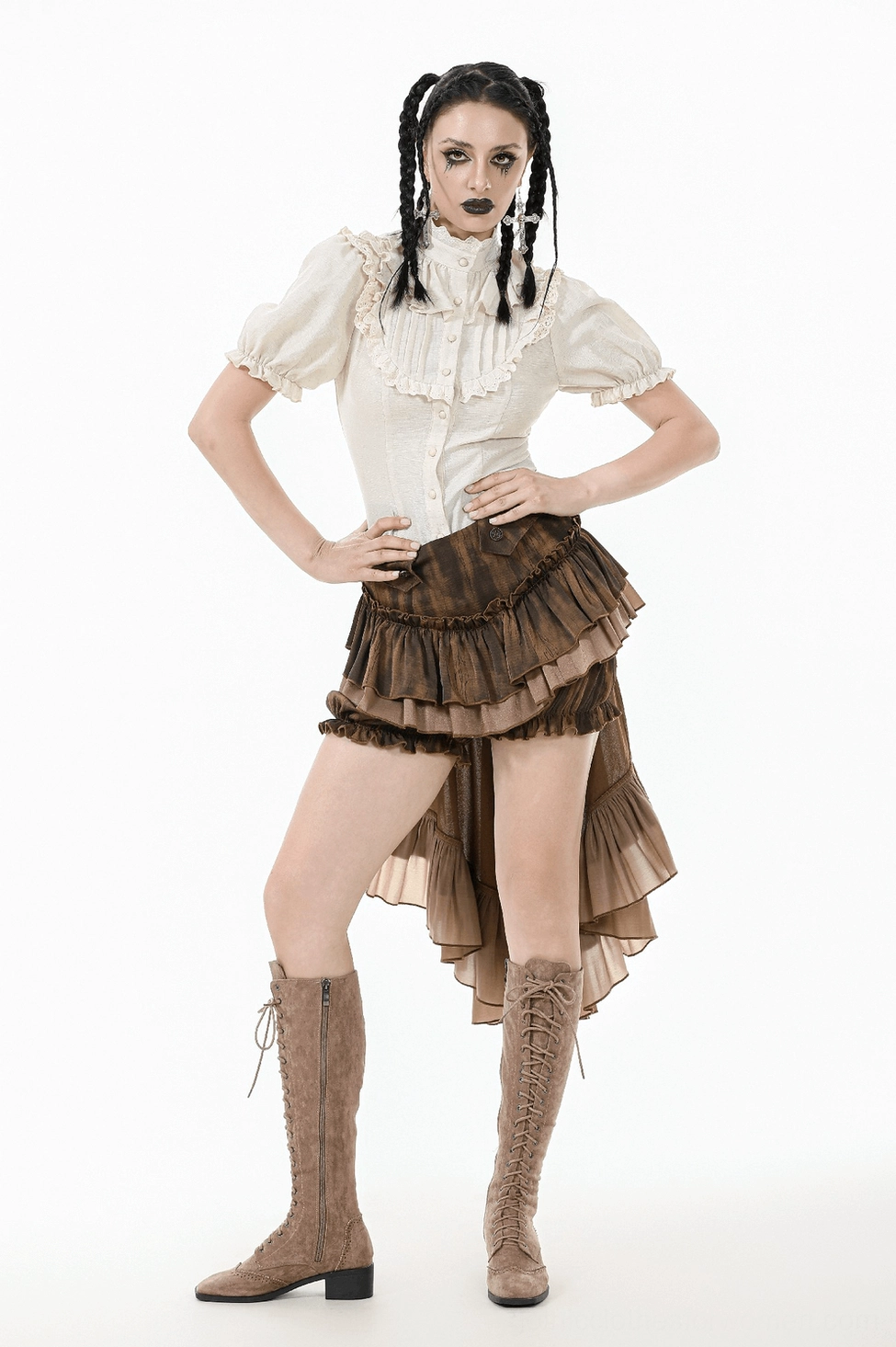 Side profile of puff sleeve blouse showing sleeve volume and tapered wrist detail with lace trim