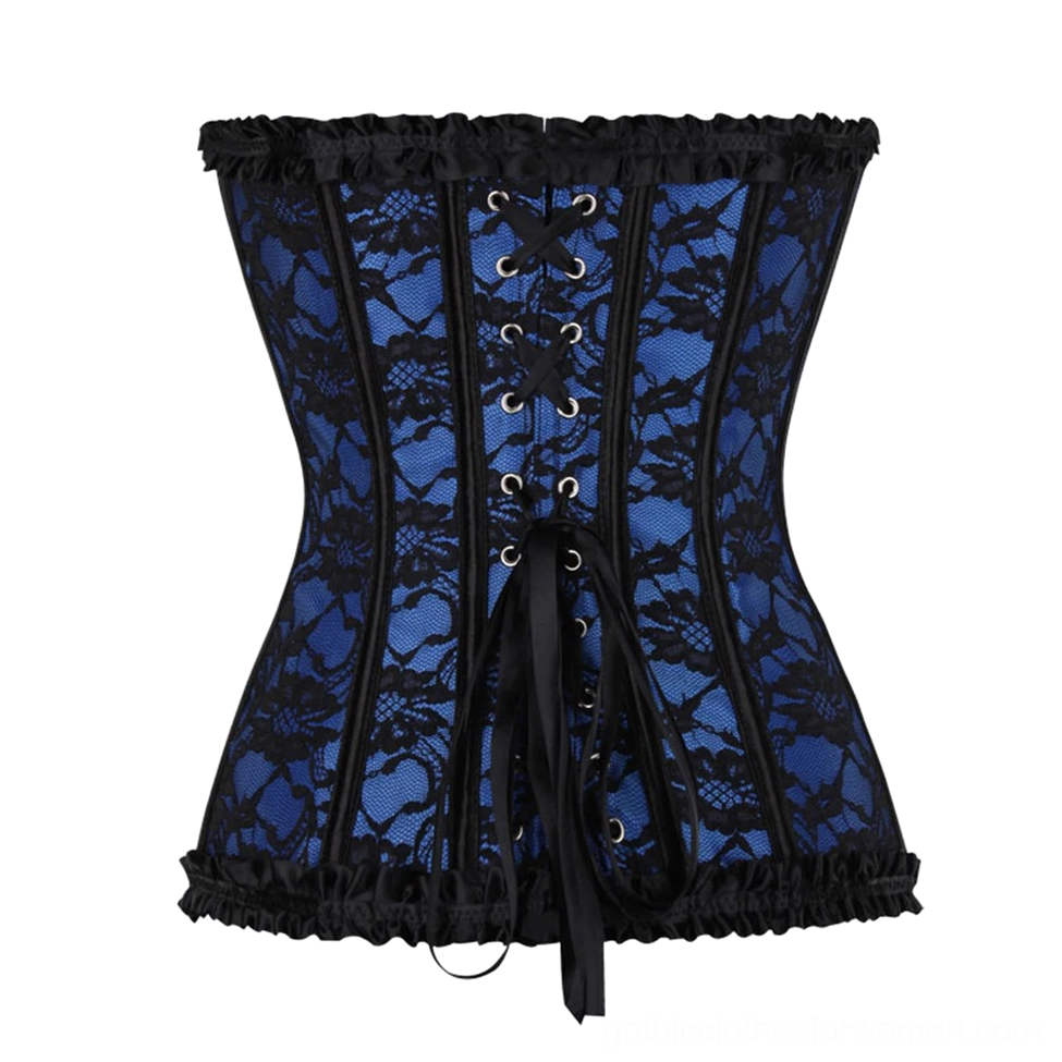 Blue base black lace overbust corset back flat lay revealing ribbon lace-up closure, boned structured design, and lace detailing