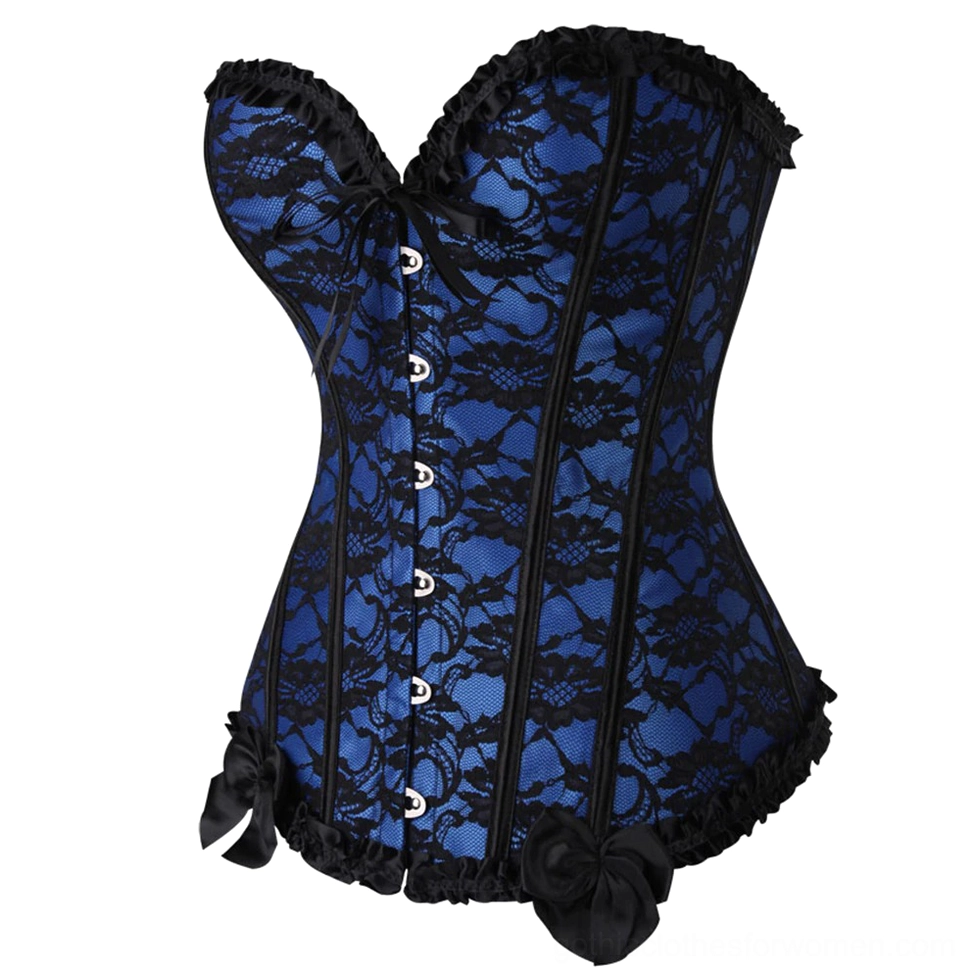 Blue base black lace overbust corset angled front view with ruffled sweetheart neckline, front bow detail, and floral lace design