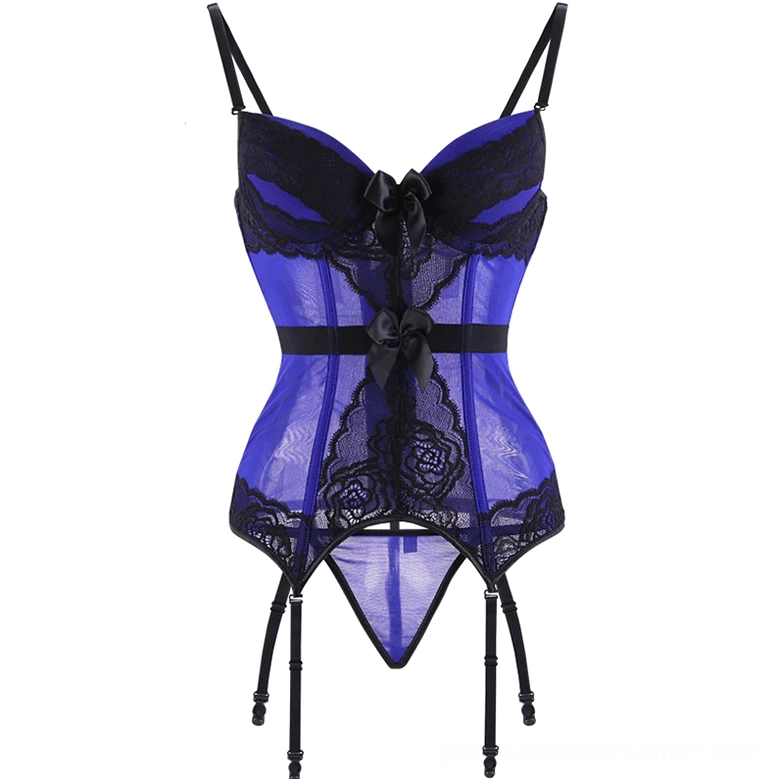 Royal blue and black gothic corset lingerie with bow decorations and adjustable garter straps, front view