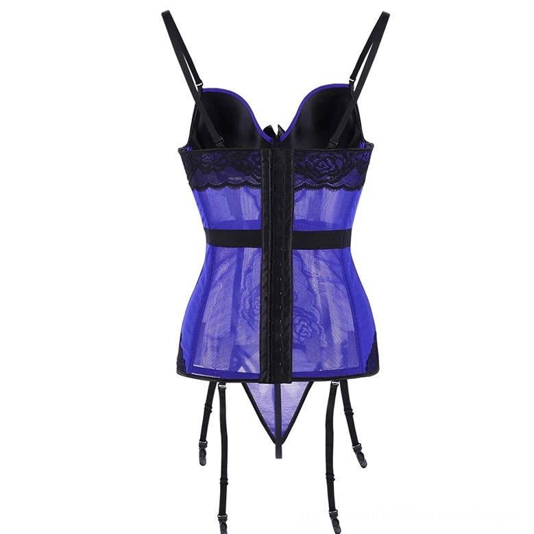 Royal blue and black gothic corset with sheer mesh fabric and back zipper, rear view