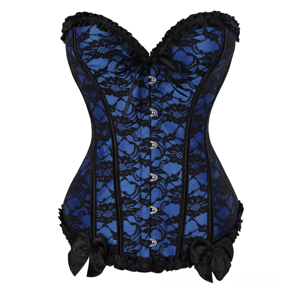 Blue base black lace overbust corset front flat lay with contrasting floral lace pattern and front hook fasteners