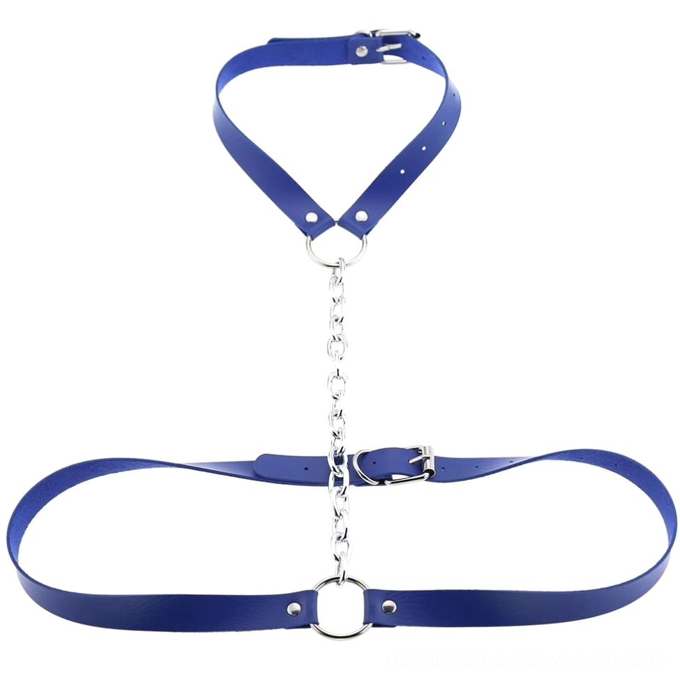 Blue vegan leather body harness flat lay with silver metal straps and adjustable hardware