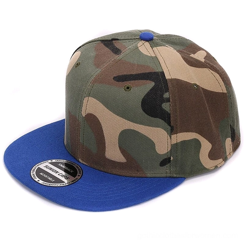 Blue camo snapback cap left side profile view with bright blue visor and crown button