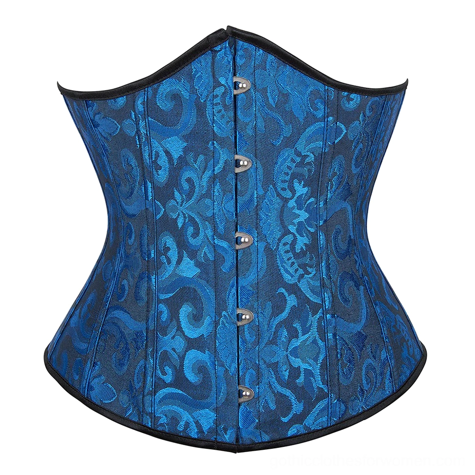 Blue gothic lace-up corset with damask jacquard pattern and black edge trim detailing