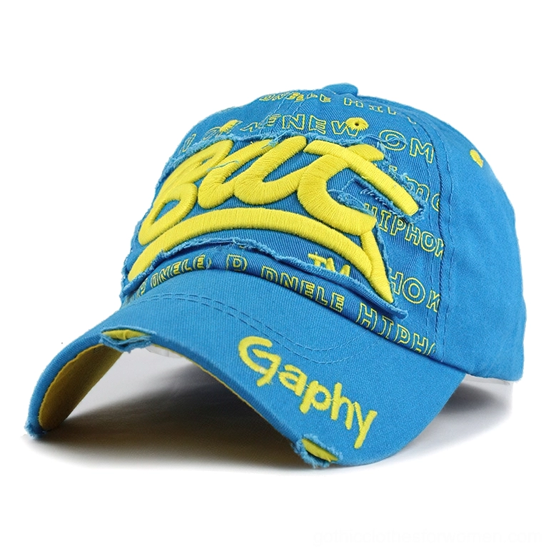 Blue distressed gothic cap with yellow 3D letter embroidery and frayed brim