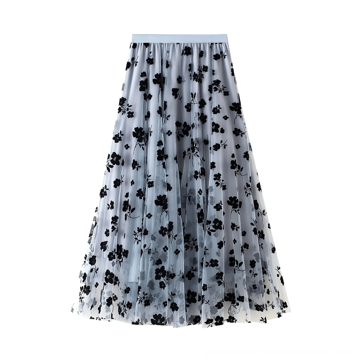 Blue gothic mesh midi skirt flat lay, black floral print tulle overlay, elastic high waistband, ankle-length cut