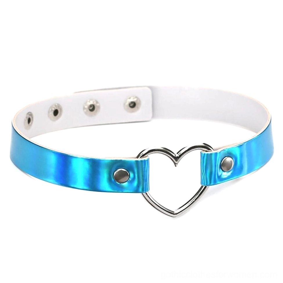 Blue holographic heart choker necklace front view showing PU leather band with silver metal heart buckle and adjustable snap holes