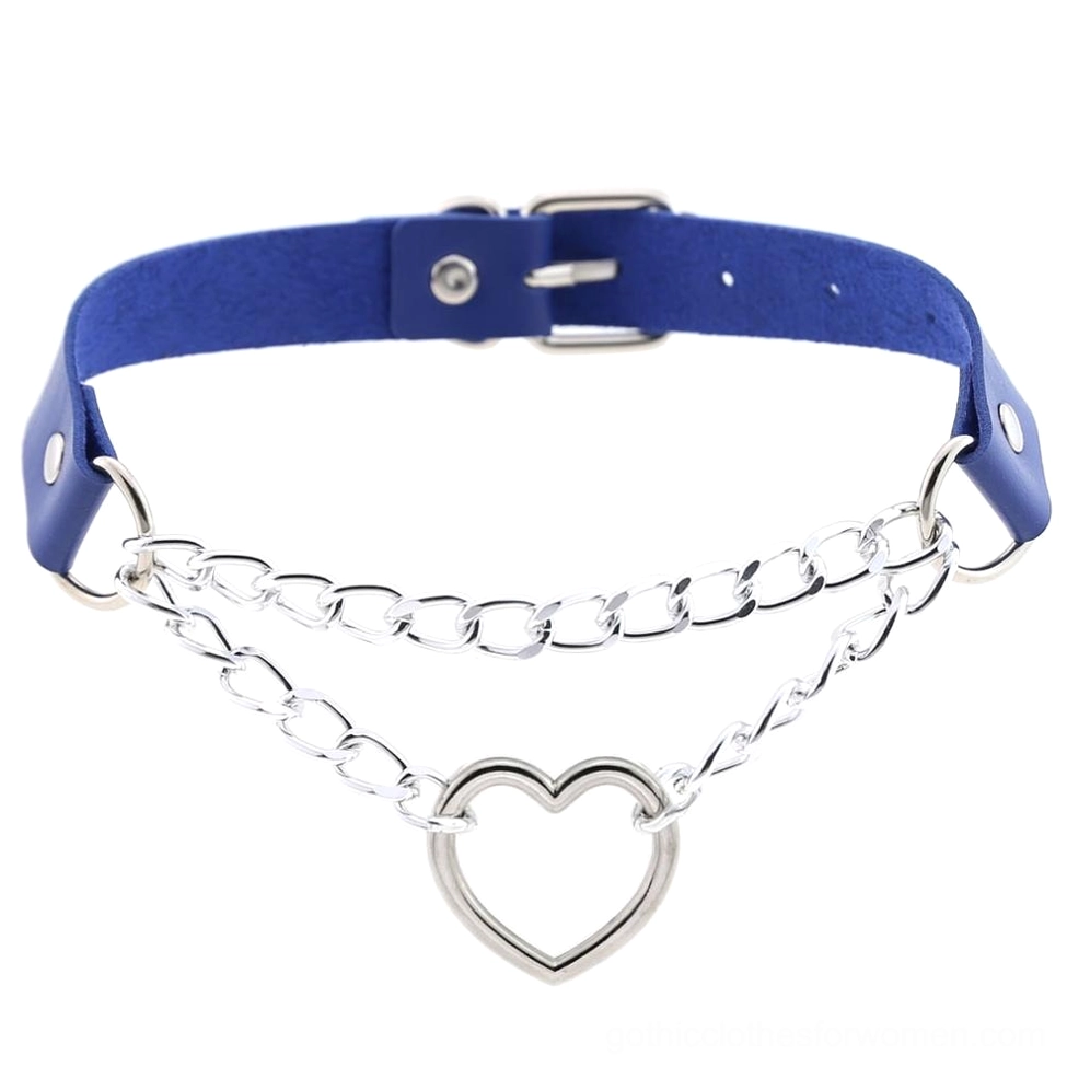 Blue leather heart choker with metal chains and adjustable buckle - gothic chain necklace for women